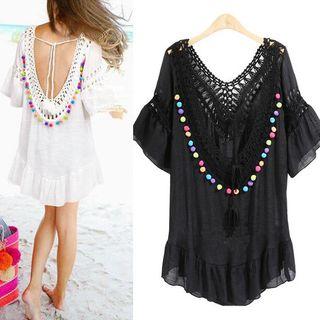 Pom Pom Open Back Elbow-sleeve Top
