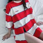 3/4-sleeve Striped Color-block Slit T-shirt