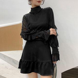 Mock-turtleneck Bell-sleeve Mini A-line Dress