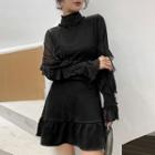 Mock-turtleneck Bell-sleeve Mini A-line Dress