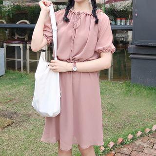 Set: Short-sleeve Off Shoulder Chiffon Top + A-line Skirt