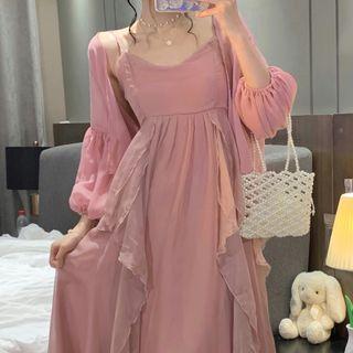 Spaghetti Strap Plain Midi Dress / 3/4-sleeve Chiffon Jacket