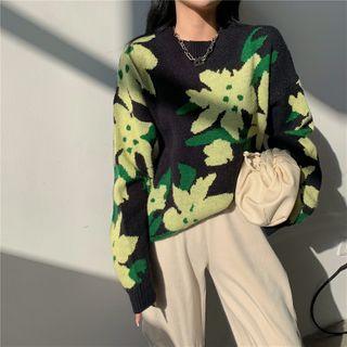 Flower Print Loose-fit Sweater / Plain Pants