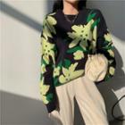 Flower Print Loose-fit Sweater / Plain Pants