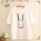 Short-sleeve Rabbit Print Striped T-shirt
