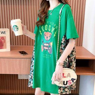 Short-sleeve Paneled Cartoon Print T-shirt Dress