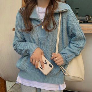 Split-neck Long-sleeve Sweater Blue - One Size