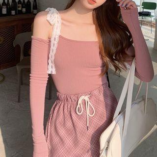 Long-sleeve Lace Trim Cold-shoulder Crop Top