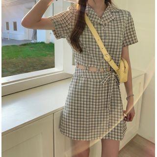 Short-sleeve Plaid Cutout Shirtdress As Shown In Figure - One Size