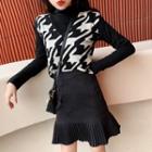 Plain Long-sleeve T-shirt / Pleated Hem A-line Skirt / Patterned Sweater Vest