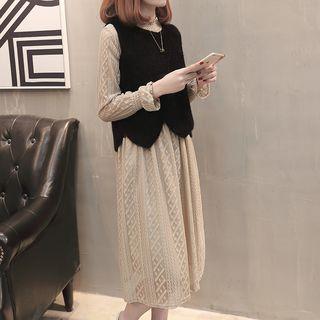 Set : Long-sleeve Lace Dress + Vest