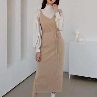 Sleeveless Furry Long Knit Dress With Sash
