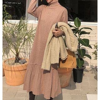 Long-sleeve Turtleneck Pleated Hem Midi Knit Dress