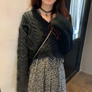 Plain Cropped Sweater / Long-sleeve Floral Chiffon A-line Midi Dress