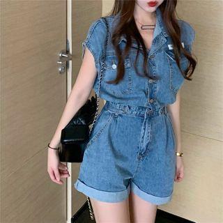 Sleeveless Denim Playsuit As Shown In Figure - One Size