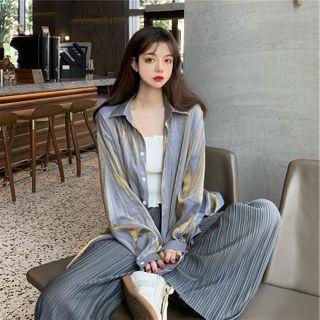 Long-sleeve Plain Shirt / Shirred Camisole / High-waist Pleated Wide-leg Pants