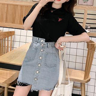 Lettering T-shirt / Denim Mini A-line Skirt / Set
