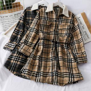 Fleece-collar Checker Shirtdress With Belt