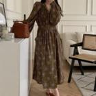 Puff-sleeve Floral Midi Smock Dress Brown - One Size