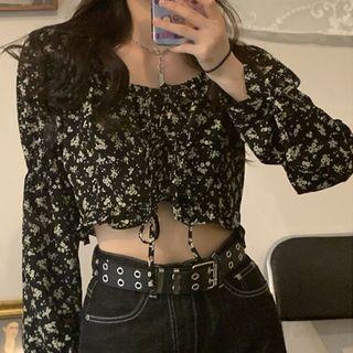 Floral V-neck Crop Blouse As Shown In Figure - One Size