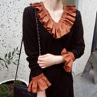 V-neck Contrast-ruffle Dress