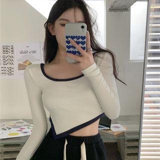 Long-sleeve Asymmetrical Contrast Trim Top White - One Size