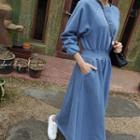 Round-neck Fleece-lined A-line Dress Sky Blue - One Size