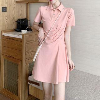 Short-sleeve Crinkled A-line Mini Polo Dress