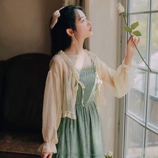 Tie-front Light Chiffon Jacket / Spaghetti Strap Dotted Mesh A-line Midi Dress