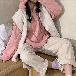 Drawstring Hoodie / Wide-leg Pants / Faux-shearling Vest