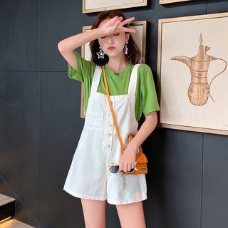 Ripped Wide-leg Buttoned Denim Dungaree Shorts