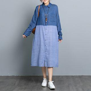 Striped Panel Long-sleeve Shirtdress