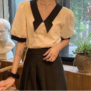 Short Sleeve V-neck Blouse Almond - One Size