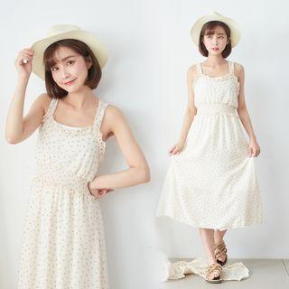 Sleeveless Frill Trim Patterned Chiffon A-line Midi Dress 22 - Almond - One Size