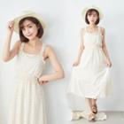 Sleeveless Frill Trim Patterned Chiffon A-line Midi Dress 22 - Almond - One Size