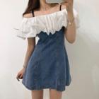 Cold Shoulder Panel Mini A-line Denim Dress