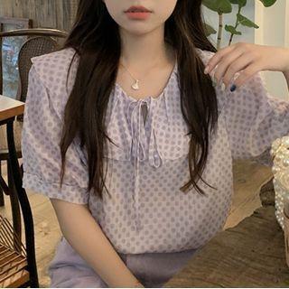 Puff-sleeve Plaid Blouse Light Purple - One Size