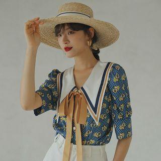 Patterned Collared Short-sleeve Blouse