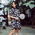 Cat Print Short-sleeve Chiffon Dress