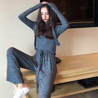 Set: Long-sleeve Plain Hooded Top + Pants