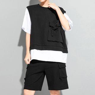 Set: Mock Two-piece Short-sleeve Pocketed T-shirt + Shorts