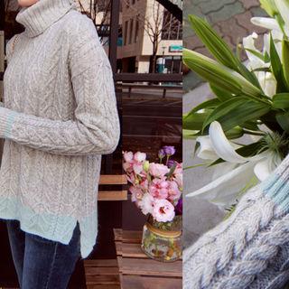 Turtle-neck Contrast-trim Cable-knit Sweater Gray - One Size