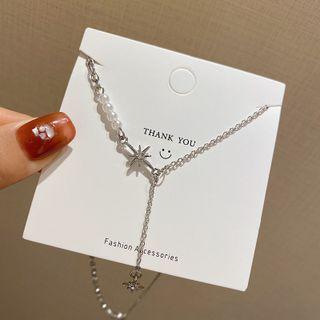 Star Rhinestone Pendant Faux Pearl Alloy Necklace B048 - Silver - One Size