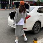 Set: Mock Two-piece Plain Cross Back Sweatshirt + Plain High-waist Long Skirt