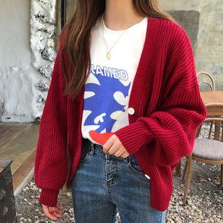 Puff Sleeve Ribbed Knit Cardigan Red - One Size