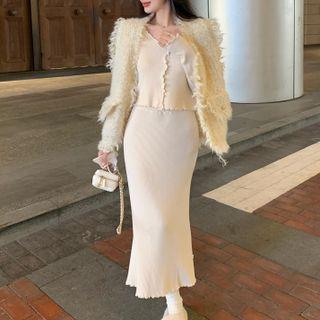 Cropped Cardigan / Button-up Vest / Midi Pencil Skirt