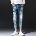 Distressed Applique Cropped Skinny Jeans