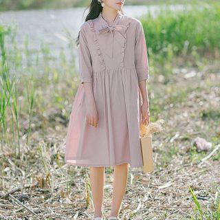Frill Trim Tie Neck Elbow Sleeve Dress
