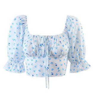 Short-sleeve Floral Print Crop Top Light Blue - One Size