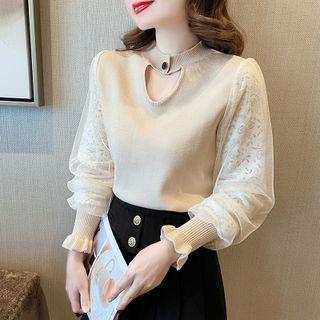 Mock Two-piece Long-sleeve Cutout Knit Panel Blouse